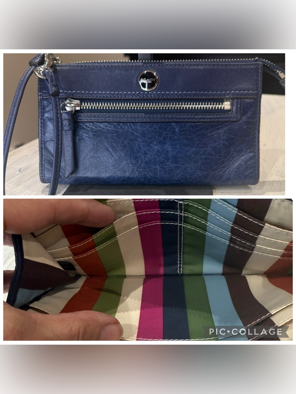 Vintage Coach Legacy Navy Leather Wristlet with Signature Stripe